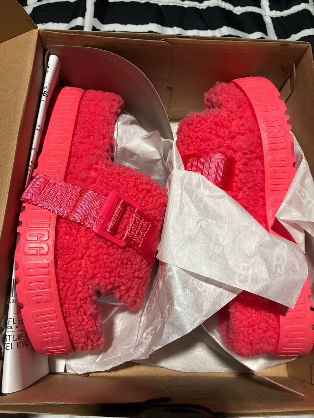 UGG Kids Bright Coral Pink Fluff Platform Slide Sandals
